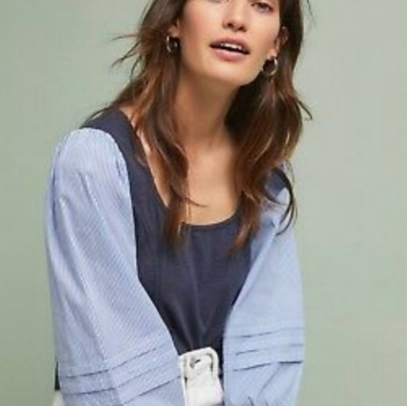 Anthropologie Reath & Wren Blue Trapani striped Sleeve Blouse Size Small